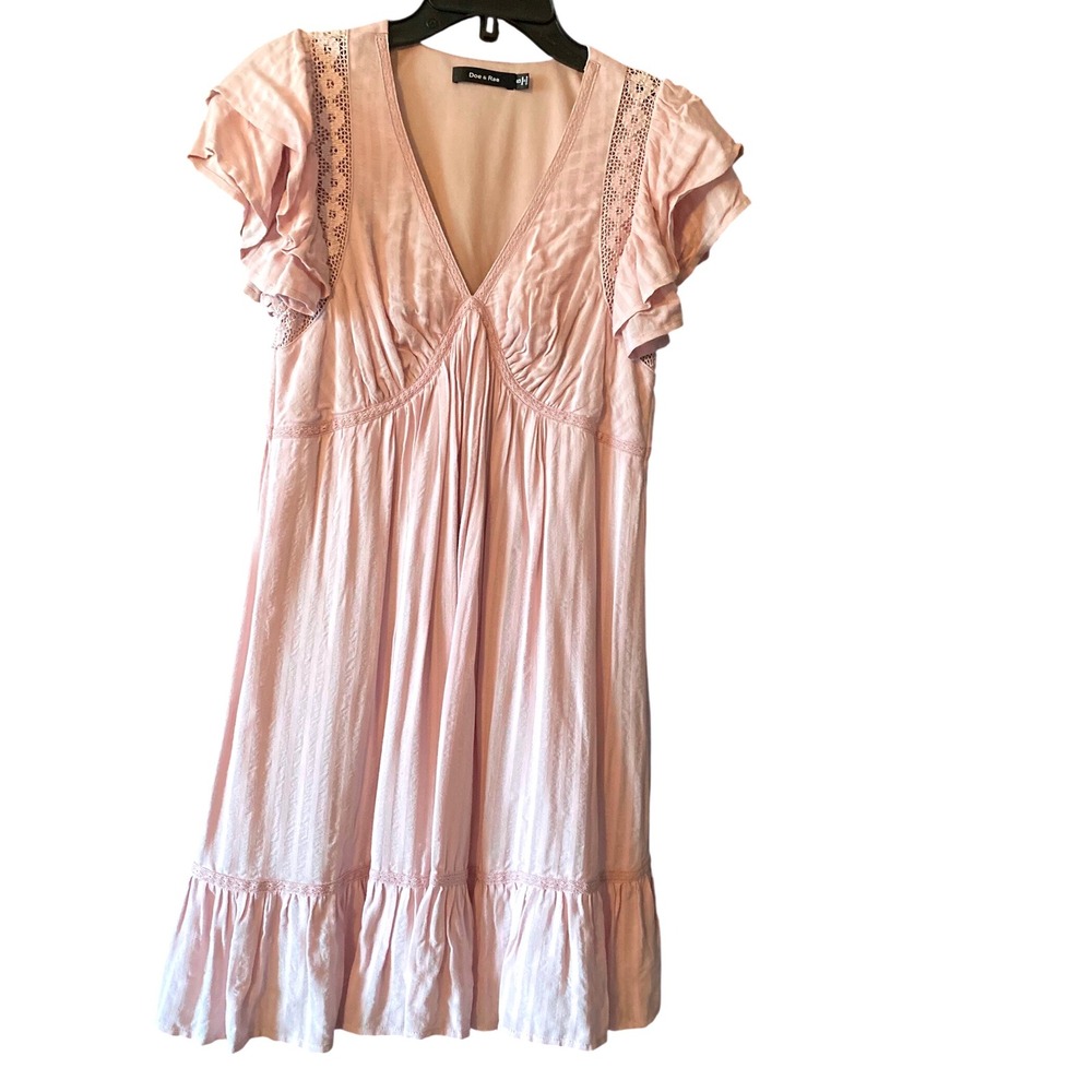Doe & Rae Pink Ruffle Sleeve Dress V-Neck‎ Crochet Trim Summer Dress Small